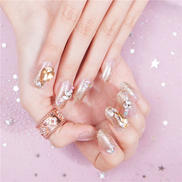 

24pcs back with glue bride wearable 3d diamond fake nails press on champagne color paillette decor round full cover false nails, Red;gold