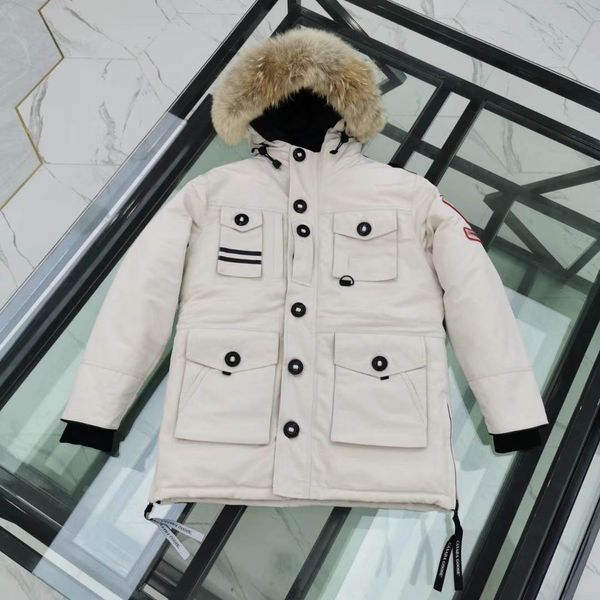 

canada goosedown mens designer jackets classic brand commemorative round epaulette winter down jacket imported wolf fur collar coats, Black