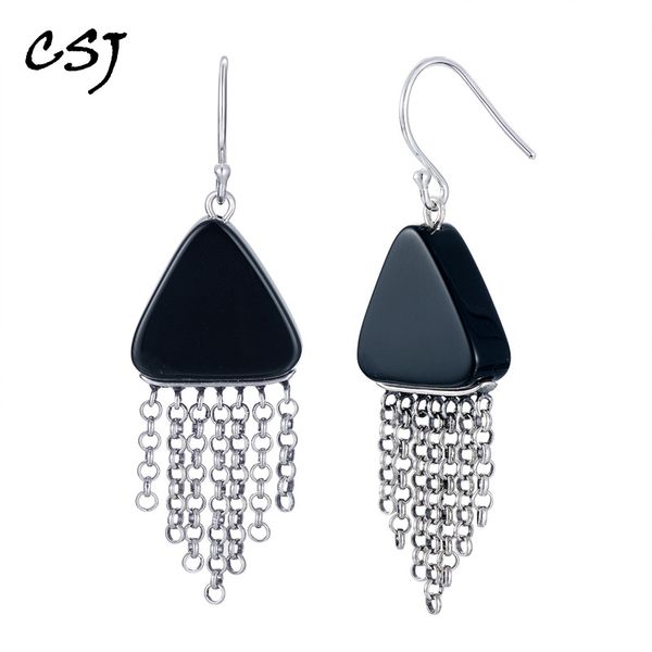 

other csj natural black agate earrings 925 sterling sliver drop for women lady mother party gift box, Golden;silver