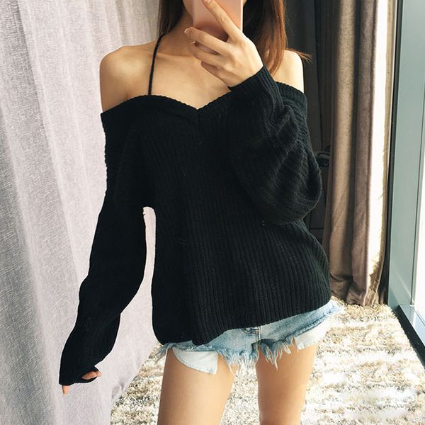 

missord 2019 autumn and winter off shoulder backless cross solid color knitted sweater ft19636, White;black