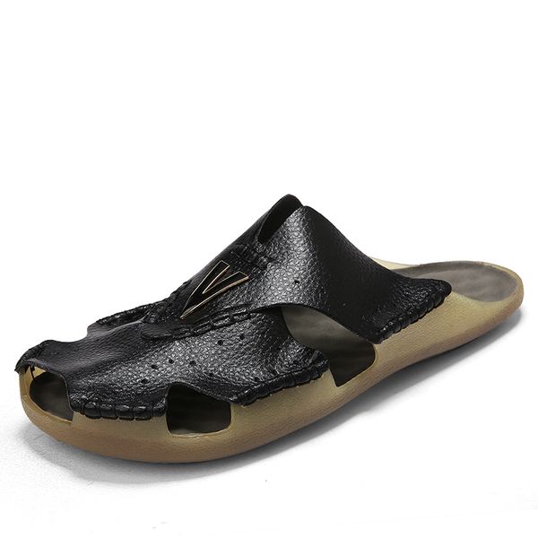 

новый летний ремешок мужчины тапочки из натуральной кожи пляж сандалии открытый дышащие мужчины вода сандалии большой размер 39-48, Black