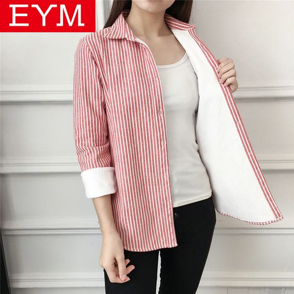 

eym brand warm velvet thick shirt women 2018 winter new fresh casual long sleeve striped shirt women's coat outerwear xxl, Black;brown