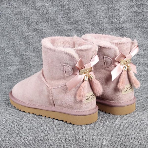 

size 34 to 43 grade australia snow boots adorable bowknot cowskin real leather thick fur boots designer shoes tradingbear, Black