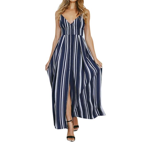 

chamsgend womans women stripe printing bandage sling sleeveless v-neck boho long maxi dress woman dress 2018 c30823, Black;gray