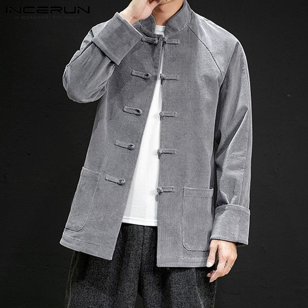 

incerun autumn fashion men pure color long sleeve corduroy shirt jackets retro joker buckle mens casual blouse chinese costume 7, White;black