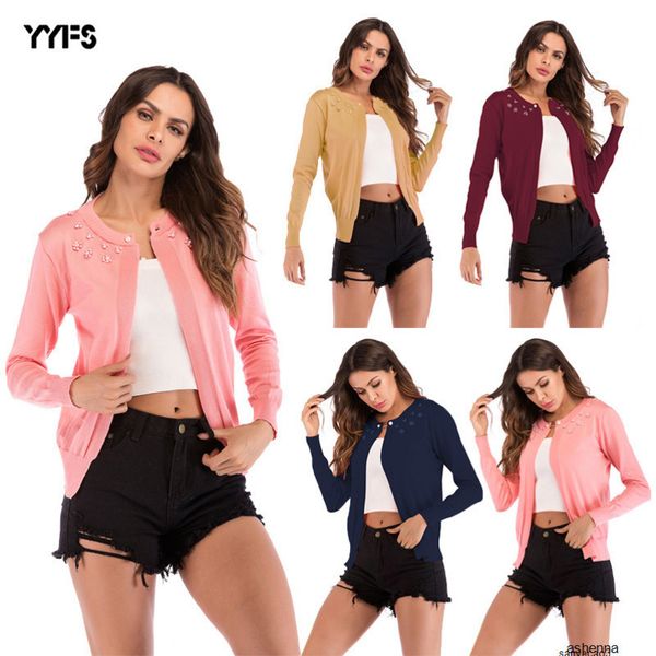 

womens designer sweater beaded one button knit cardigan round neck shawl jacket jacket womenimzyh, White;black