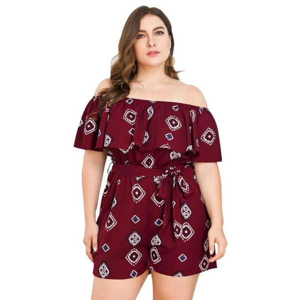 

summer plus size 3xl 4xl ruffles playsuits women red printed slash neck sashes off shoulder short loose pants summer playsuits, Black;white