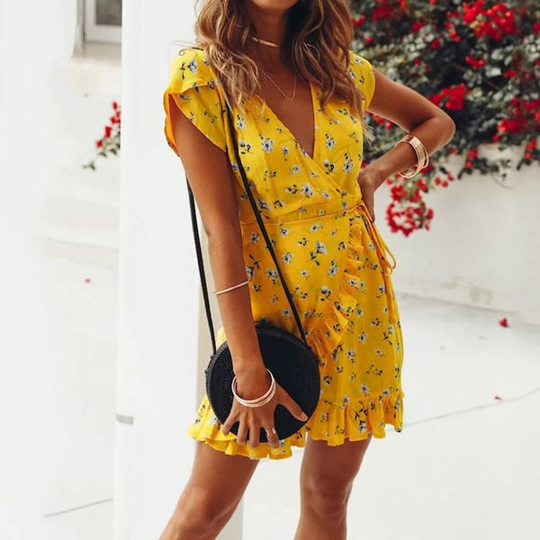 

чешские женщины осень желтое платье повседневное с коротким рукавом v шеи бинты бальное платье плотный желтый вечерний принт короткое мини п, Black;gray