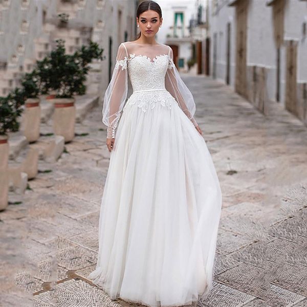 

прозрачный длинные рукава puff sheer шеи свадебные платья бато шеи аппликация кружева тюль линия свадебные платья vestidos de noiva, White