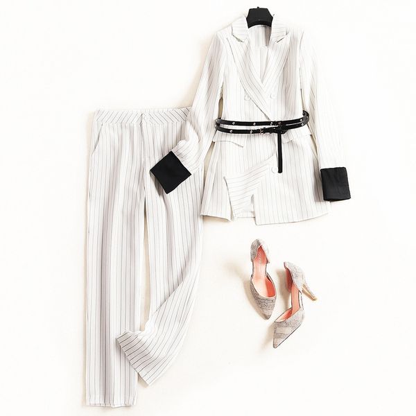 

women's suit fashion spring and autumn striped double-breasted women's suit two-piece (jacket + pants) casual, White;black