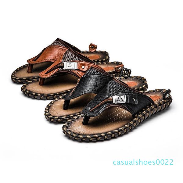 

genuine leather non-slip slippers men beach sandals comfortable summer shoes classic fashion men flip flops c22, Black