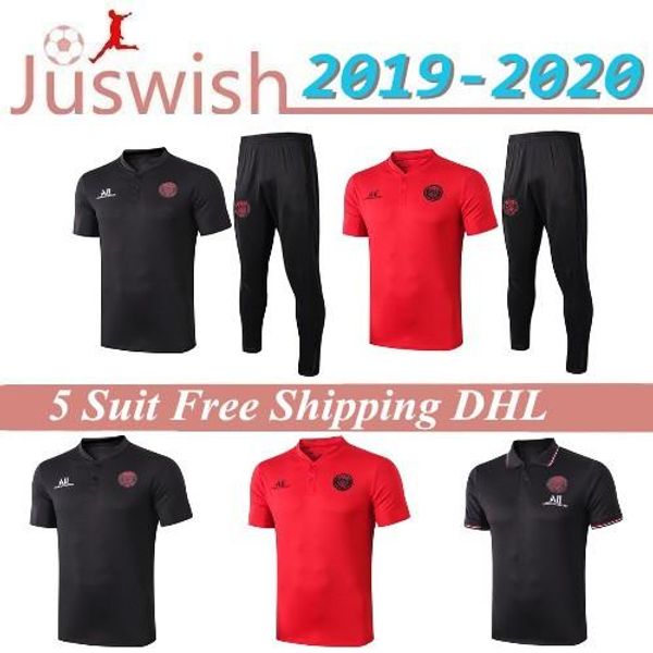 

19 20 psg short sleeve shirt trousers soccer training suit survetement psg 2019 mbappe football polo shirts tracksuit maillot size s-2xl, Black;red