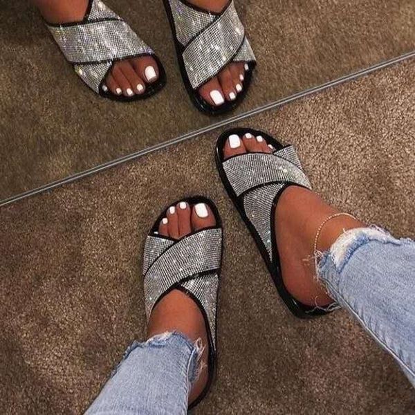 

2020 women's flip flops new bright diamonds women's platform sandals outdoor fashion rhinestones buckle lazy slippers pu, Black