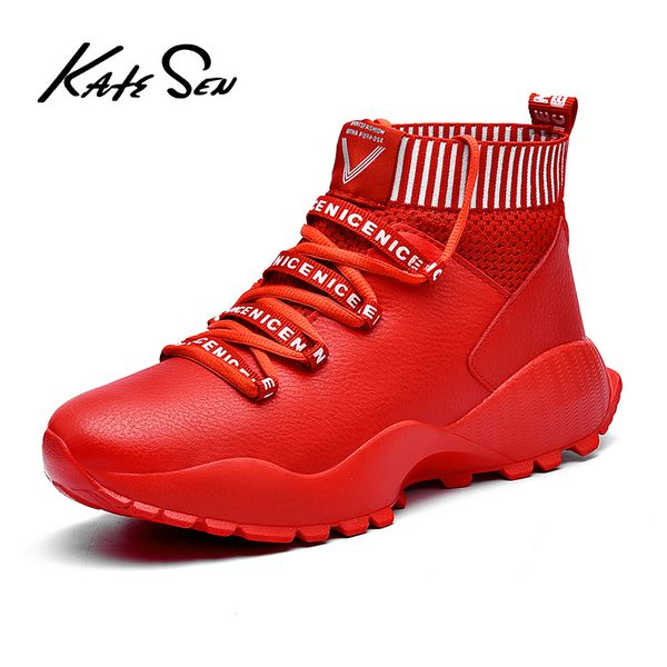 

katesen new genuine leather shoes men sneakers outdoor thick sole mens casual shoes male cowhide loafers men, Black
