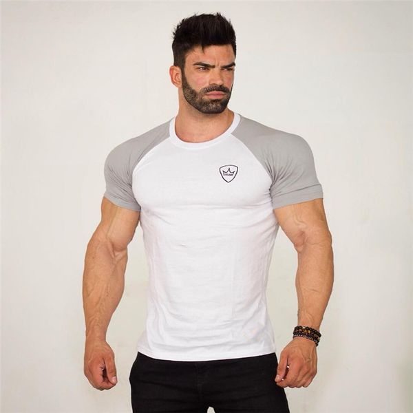 

2018 new summer mens gyms casual t shirt fitness bodybuilding print tight fashion male short cotton clothing tee 5 color, White;black
