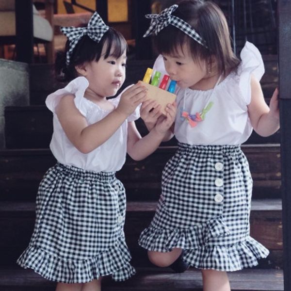 

girls childrens clothing sets fly sleeve pleated skirts 2pcs set 2019 ins fashion girl kids skirt suits boutique infant clothes outfits, White