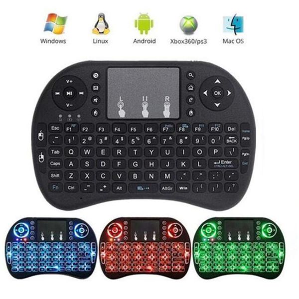 

100pcs mini tri-color backlight i8 wireless keyboard 2.4g air mouse keyboard remote control touchpad smart android tv box notebook tablet