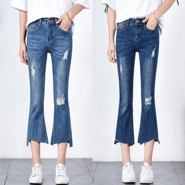 

women's casual slight flare ninth denim pants high waist skinny colleage cropped jeans summer pants ripped trousers, Blue