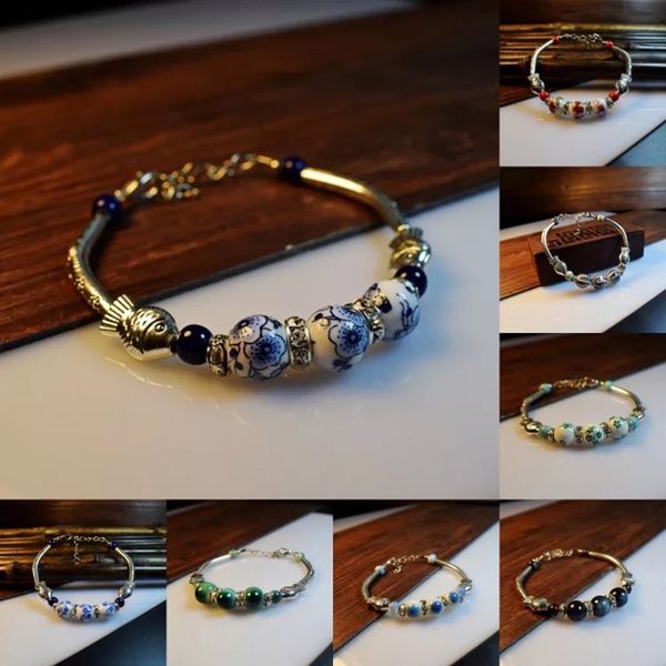 

haystarway girl women chinoiserie bracelet gift jewelry hand chain ethnic style chinese style ceramics crystal beads fish, Black
