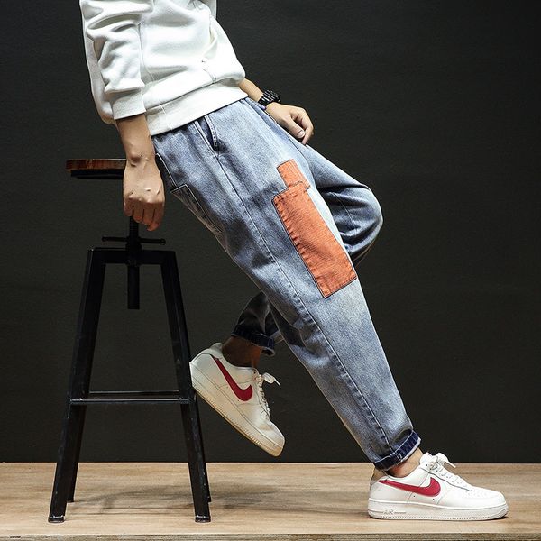 

autumn new jeans men fashion wash contrast color casual hole patch denim trousers man streetwear wild hip hop loose jeans -5xl, Blue