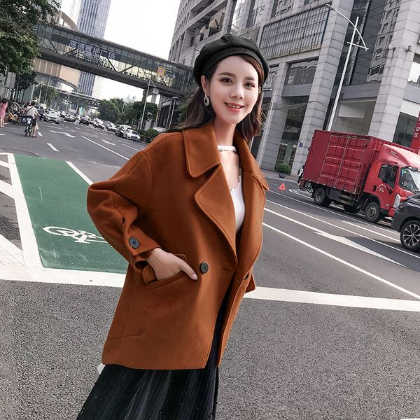 

office lady slim women winter short wool blend coat turn-down collar wool coat and jacket double breasted outerwear, Black