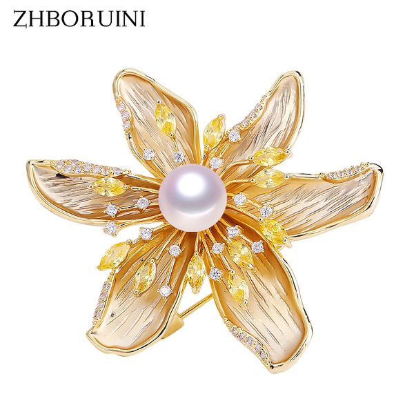

zhboruini 2019 natural freshwater pearl brooch fine zircon matte light brooch pearl jewelry for women not fade gift, Slivery;golden