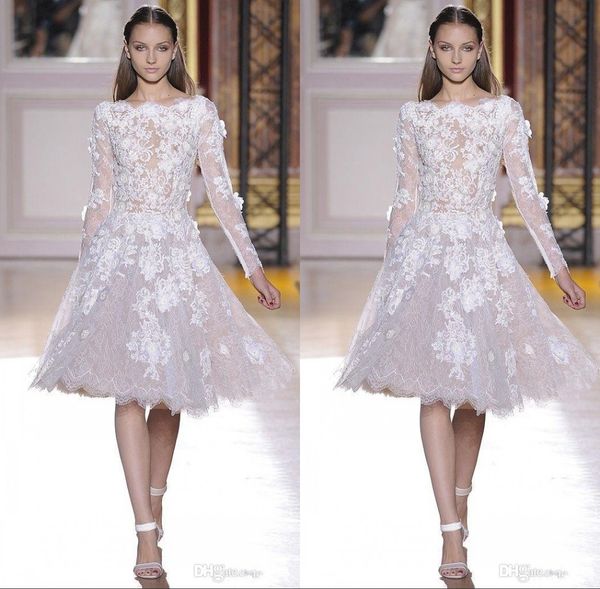 

Lace appliques long sleeve prom dresses white A line knee length bateau Elie Saab dresses cocktail party dresses evening gowns