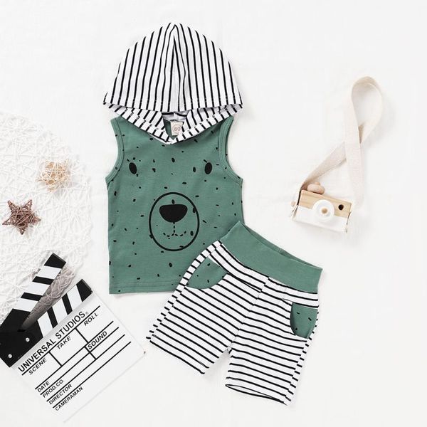 

toddler infant kids clothes set baby boy cartoon bear print hooded t shirt stripe shorts outfits children clothing set for 6m-4y, White