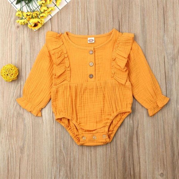

2019 newborn baby girl infant jumpsuit solid long sleeve ruffles bodysuit cotton clothes outfits set, White