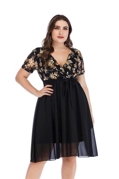 

casual dresses plus size v neck lace panelled womens designer dresses casual females clothing floral print womens, Black;gray