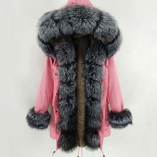 

2019 new women's winter thick warm pink long parka coats rex fur lining real fur collar detachable parka, Black