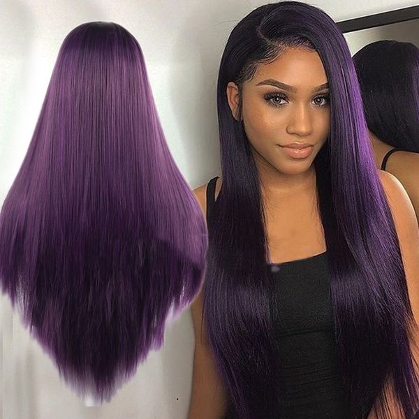 

linghang long straight synthetic wig for women middle part wigs purple black heat resistant fiber cosplay costume wig 11 color