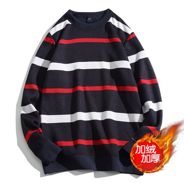 

winter plus velvet thick men's warm sweater round neck pullover youth knit bottoming shirt tide casual men's clothing, White;black