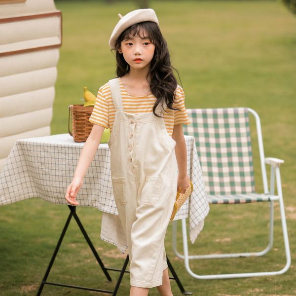 

69052 girls jeans set pants suit pants suit 2020 summer clothes medium and large children's foreign style loose short-sleeved jeans two