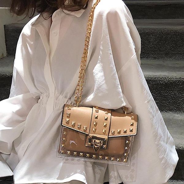 

women's transparent rivet diagonal package transparent shoulder bag jelly small phone bags with card holder wide chain bag