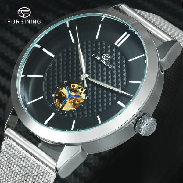 

forsining urban modern minimalist auto mechanical watch men ultra thin mesh strap skeleton dress wristwatches, Slivery;brown