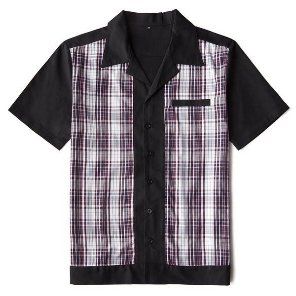 

rushed england style men's rockabilly plaid shirt black and blue checked short sleeve cotton hip hop clothing, White;black