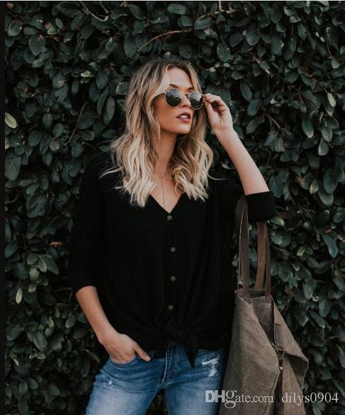 

autumn long sleeve v-neck blouse t-shirt cardigan knitted sweater women's knits & tees fine wool yarn stripe black splicing single brea, White