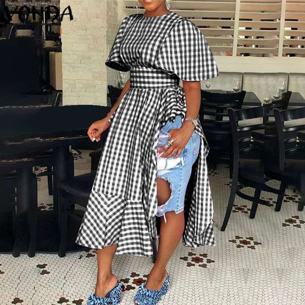 

vonda fashion long s-5xl 2019 women casual loose vintage plaid side split long party shirts summer women's tunic loose, White