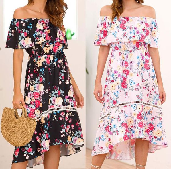

summer womens strapless fishtail dress slash neck floral printed designer asymmetrical dress dress fashion casual women apparel, Black;gray
