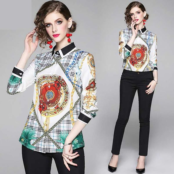 

women's long sleeves designer long sleeve o-neck floral printed loose button tunic shirt blouse short sleeves for femalewomen's l, White