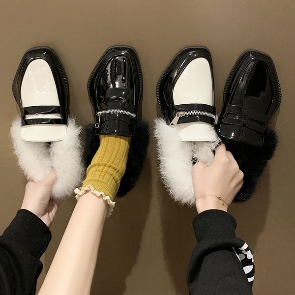 

bright leather oxford shoes student british zipper plush fur flats shoes woman winter chunky slipon mocasine mixed color creeper, Black
