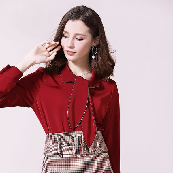 

autumn and winter 2019 new women's wear diamond-studded bow tie lapel long sleeve straight shirt temperament commuter shirt woman, White