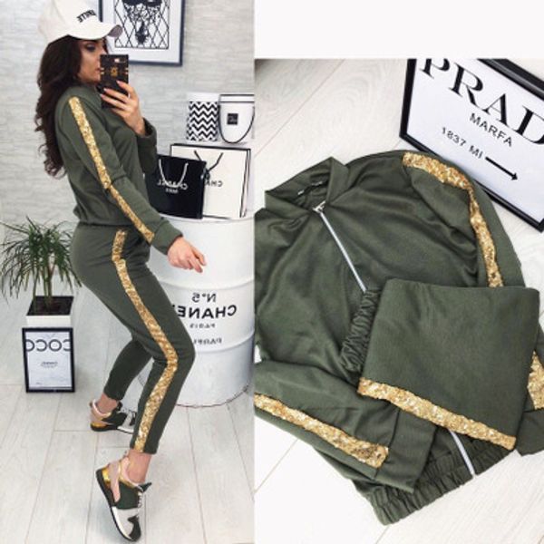 

womens solid color suit new fashion casual sequin stitching jacket trousers sports suit women selling 4 colors, White