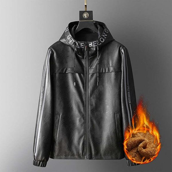 

young guys fashion streetwear hip-hop mens leather jackets super thick warm and hooded men pu leather coat outdoor windbreaker, Black
