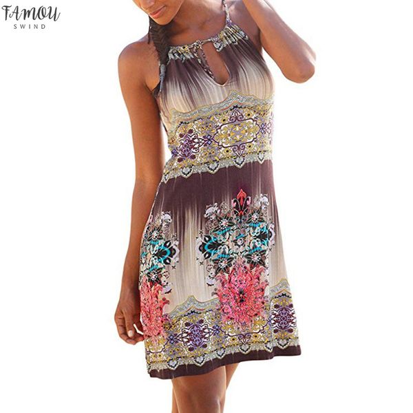 

backless party dress casual women halter neck boho print sleeveless casual mini dresses ladies spaghetti strap sundress vestido, Black;gray