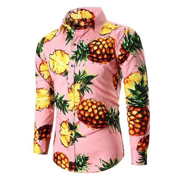 

5 colors ananas pattern slim fit dress shirt for men hawaiian shirt long sleeves mens flower shirts summer beach fashion, White;black