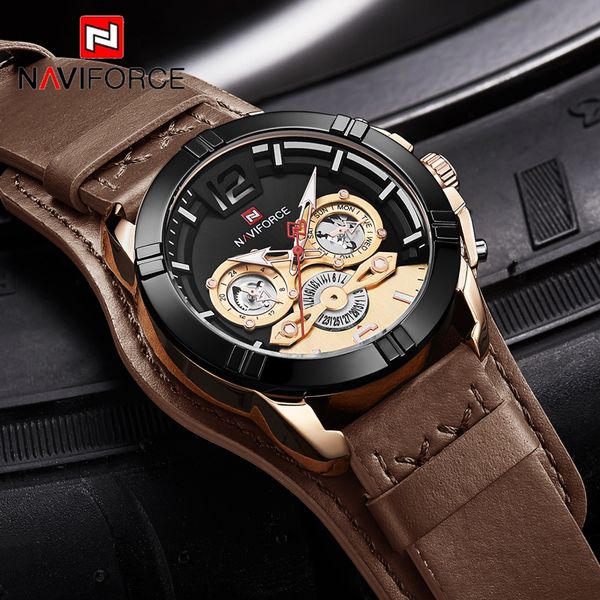 

naviforce men analog quartz watches fashion business watch men leather waterproof wristwatch male clock relogio masculino, Slivery;brown
