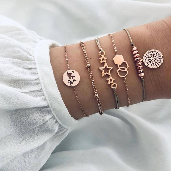 

fashion map beads hollow three links stars geometry round gray rope gold bracelets joker birthday party gift female bracelet set, Black
