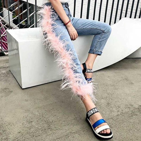 

2020 new fashion womens high waist broken tassels fur patchwork washted jeans female spring summer jeans pants high street, Blue